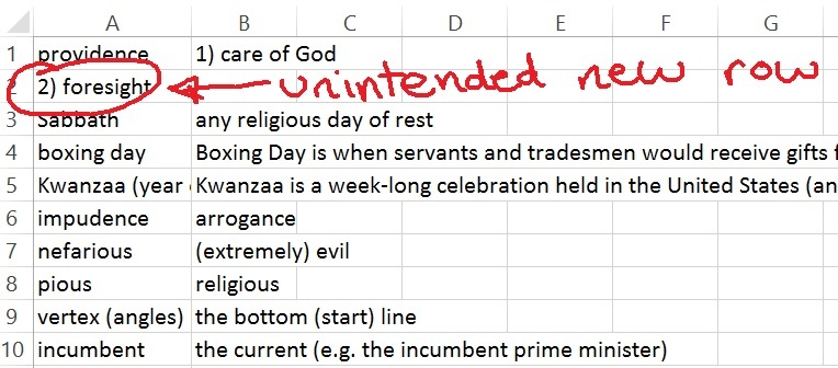 excel unintended new row