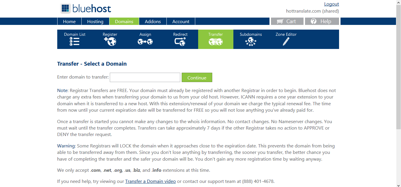 Bluehost transfer domain